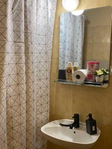 een badkamer met een wastafel en een spiegel bij Apartman Ana in Leskovac