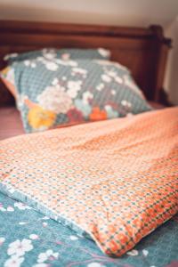 an orange and white comforter on a bed with a pillow at Gîte La Source in Grusse