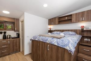 1 dormitorio con 1 cama y armarios de madera en Cute & Green, en Opatija