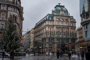 a christmas tree in front of a large building at Hotel Pension ARPI in Vienna