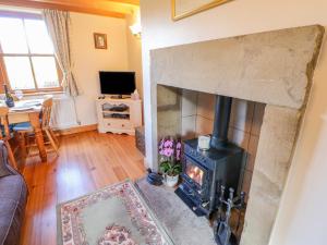 un salon avec une cheminée avec un poêle dans l'établissement Moorgair Cottage, à Slaley 32 autres photos