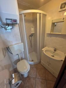 a bathroom with a toilet and a shower and a sink at Casa Ambrosia Tropea in Tropea