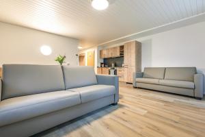 ein Wohnzimmer mit 2 Sofas und einer Küche in der Unterkunft Kehr Apartment in Grindelwald