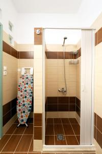 a shower with a glass door in a bathroom at Livingfy Apt with mountain view & garden in Vamos