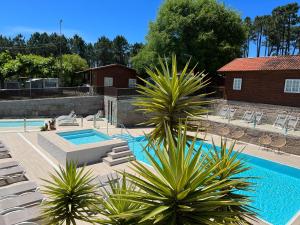 uma piscina com cadeiras e palmeiras ao lado de uma casa em Camping Preguntoiro em Sanxenxo