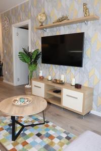 sala de estar con TV de pantalla plana en la pared en Apartman Mila 21, en Zvezdara