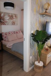 ein Schlafzimmer mit einem Bett und einer Topfpflanze in der Unterkunft Apartman Mila 21 in Zvezdara