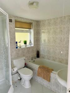 a bathroom with a toilet and a tub and a sink at Stylish apartment - 2 min walk from Ogmore by sea beach with private garden, sea views & stunning sunsets, dog friendly in Tythegston