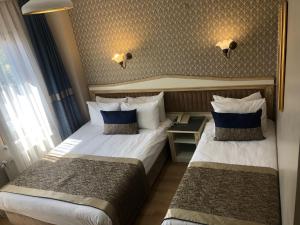 een hotelkamer met 2 bedden en een raam bij Mevlana Hotel in Istanbul