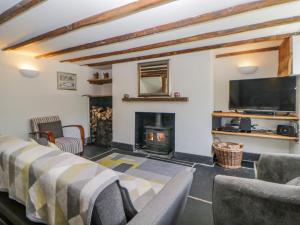 a living room with a fireplace and a flat screen tv at Burham Cottage in Yelverton