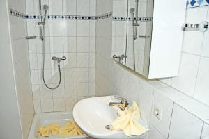 W łazience znajduje się umywalka i prysznic. w obiekcie Fewos 1 4 in Seedorf am Hafen Haus w mieście Seedorf