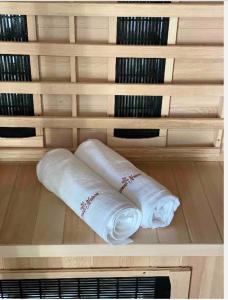 dos rollos de papel higiénico sentados en un estante en Lovely apartment in nature with infrared sauna! en Postojna