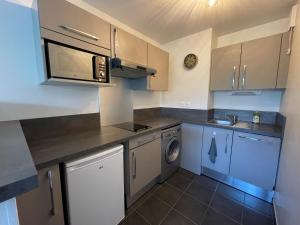 kuchnia z niebieskimi szafkami, pralką i suszarką w obiekcie The Barbots apartment w mieście Gujan-Mestras