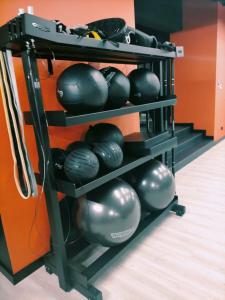 a shelf filled with lots of balls and hockey sticks at Apartament Angel City SPA Silownia in Wrocław
