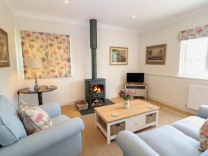 a living room with a wood stove at Flagstone Cottage in Cheltenham