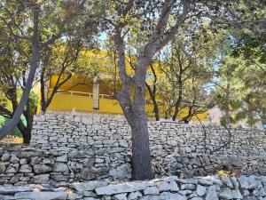 a tree in front of a stone wall at Vila Elena in Prigradica