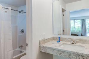 uma casa de banho com um lavatório, um espelho e um chuveiro em Heart of the Valley Motel em Maggie Valley