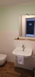a bathroom with a sink and a toilet and a television at Pension am Stern in Leipzig +85 photos