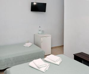 a room with two beds and a tv on the wall at Hotel Villa Plaza in Spetses