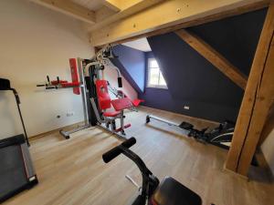 una habitación en el ático con un gimnasio con una bicicleta. en Ferienhof Gutmichel, en Feuchtwangen