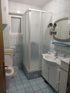 een badkamer met een douche, een toilet en een wastafel bij L&E in Podaca