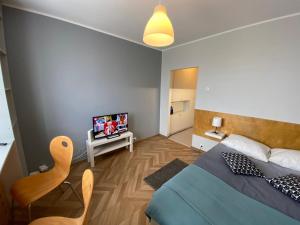 sypialnia z łóżkiem i telewizorem z płaskim ekranem w obiekcie Apartament Sopot Oliwia III w mieście Sopot