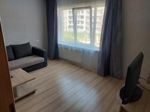 un salon avec un canapé et une fenêtre dans l'établissement Inzenieru 77 Apartments, à Ventspils 3 autres photos