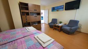 een slaapkamer met een bed en 2 stoelen en een televisie bij Apartment Siofok, Lake Balaton 4 in Siófok