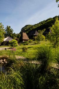 un champ d'herbe avec des maisons en arrière-plan dans l'établissement Raven's Nest - The Hidden Village, Transylvania - Romania, à Sub Piatra