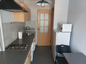 a small kitchen with a refrigerator and a sink at Inzenieru 77 Apartments in Ventspils