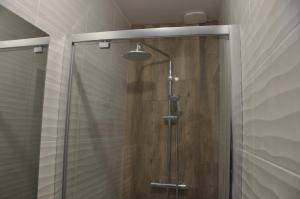 a shower with a glass door in a bathroom at le p'tit studio de Segré centre in Segré