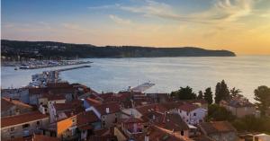 a view of a town with houses and the water at Apartmaji Štamcar in Izola +8 photos