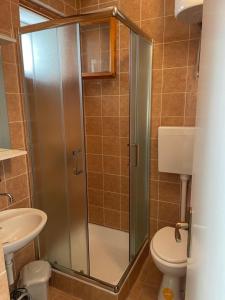 ein Bad mit einer Dusche, einem WC und einem Waschbecken in der Unterkunft apartmani Isabella - Ilda Radonic in Jelsa