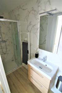 ein Bad mit einem Waschbecken und einer Dusche in der Unterkunft T2 lumineux - Segré hyper Centre - Wifi - Netflix in Segré