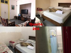 two pictures of a room with two beds and a tv at Pousada flor de Atibaia in Atibaia