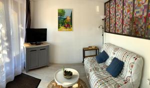 een woonkamer met een bank en een tv bij L’ocabée in La Tour-dʼAigues