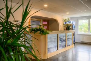 a waiting room with a counter with plants at Liepu Hostelis in Liepāja