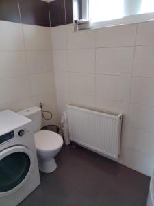 een badkamer met een toilet en een wasmachine bij Wygodny apartament blisko morza in Łokciowe