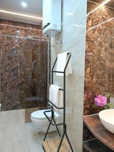 a bathroom with a shower and a toilet and a sink at KARAULA Apartments in Sarajevo +44 photos