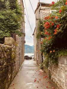 an alley with flowers on the side of a building at Guesthouse Giraffe in Tivat