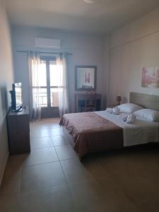 a bedroom with a bed and a television and a window at Buganvilla Sea View apts in Agia Pelagia