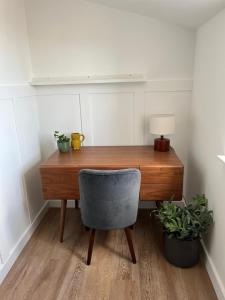 einen Schreibtisch mit einem Stuhl, einer Lampe und Pflanzen in der Unterkunft Peak Willow Apartments in Leek