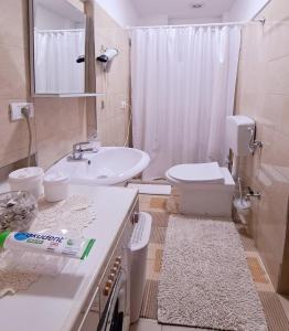 a bathroom with a white sink and a toilet at All Seasons Apartments in Shkodër