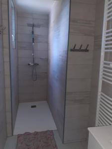 La salle de bains est pourvue d'une douche avec une porte en verre. dans l'établissement ty jeanette, à Missillac