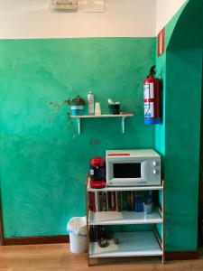 a green wall with a microwave on a shelf at Hostal La Concha in Somo