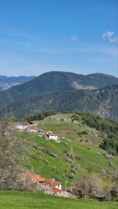 un campo verde con casas en una colina con montañas en Родопска къща за гости с.ЧАЛА en Chala