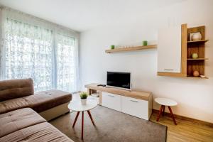 a living room with a couch and a tv at MF SilverBeach 112 Apartment in Siófok