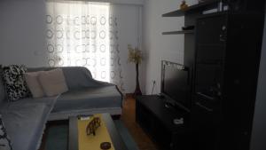 ein Wohnzimmer mit einem Sofa und einem TV in der Unterkunft D&J Central Appartment in Ioannina