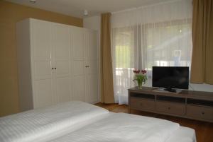 una camera con letto e televisore su un comò di Apartments Bischof a Schröcken