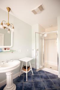 La salle de bains est pourvue d'un lavabo et d'une douche. dans l'établissement Yellow House Inn, à Bar Harbor